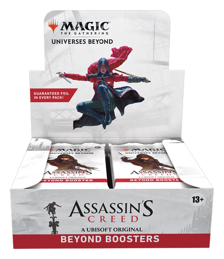 Magic The Gathering Assassin’s Creed Universes Beyond booster box display with 24 Beyond booster packs