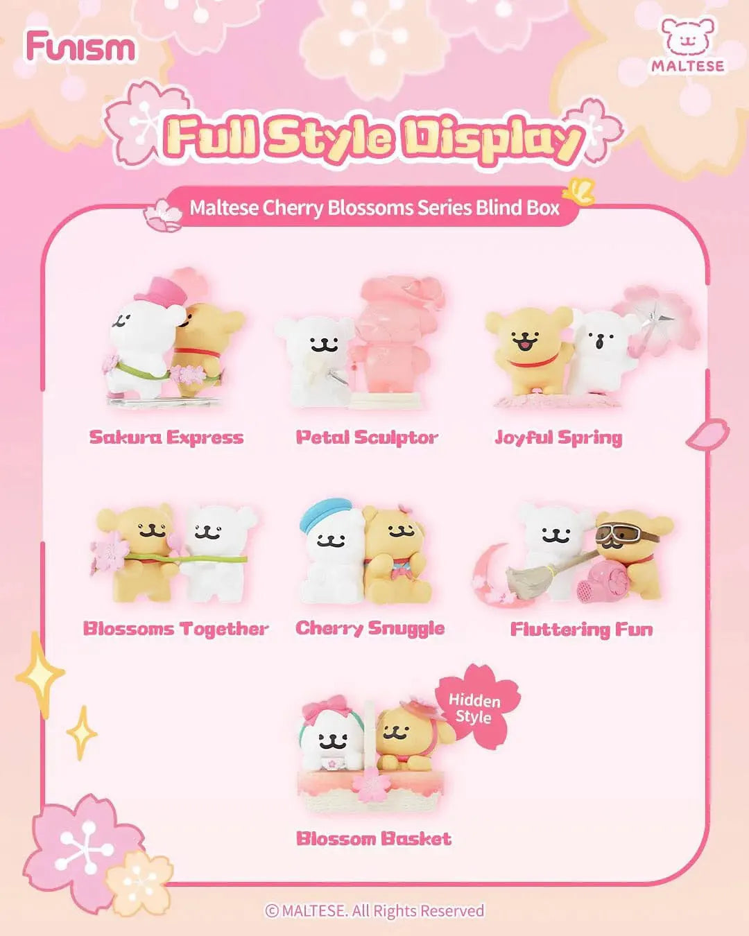 Maltese Cherry Blossoms Series Blind Box collection showing all six standard figures and the hidden Blossom Basket secret edition