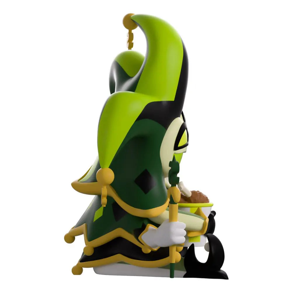 Mammon Helluva Boss figure posed with a sinister grin and oversized jester hat, eating a drumstick.