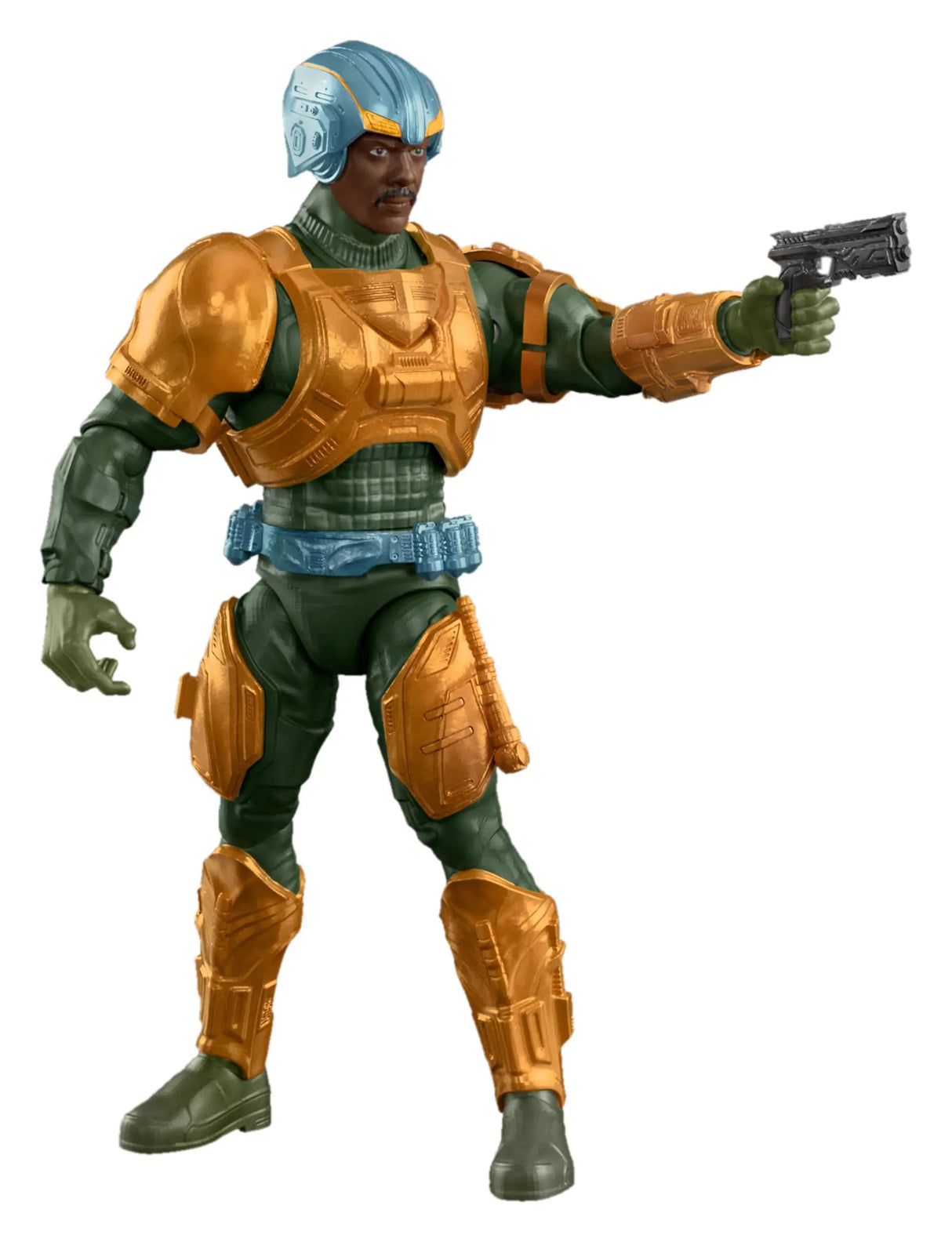 Side view of the Man-At-Arms Masters of the Universe 2026 Movie action figure aiming the cannon blaster.