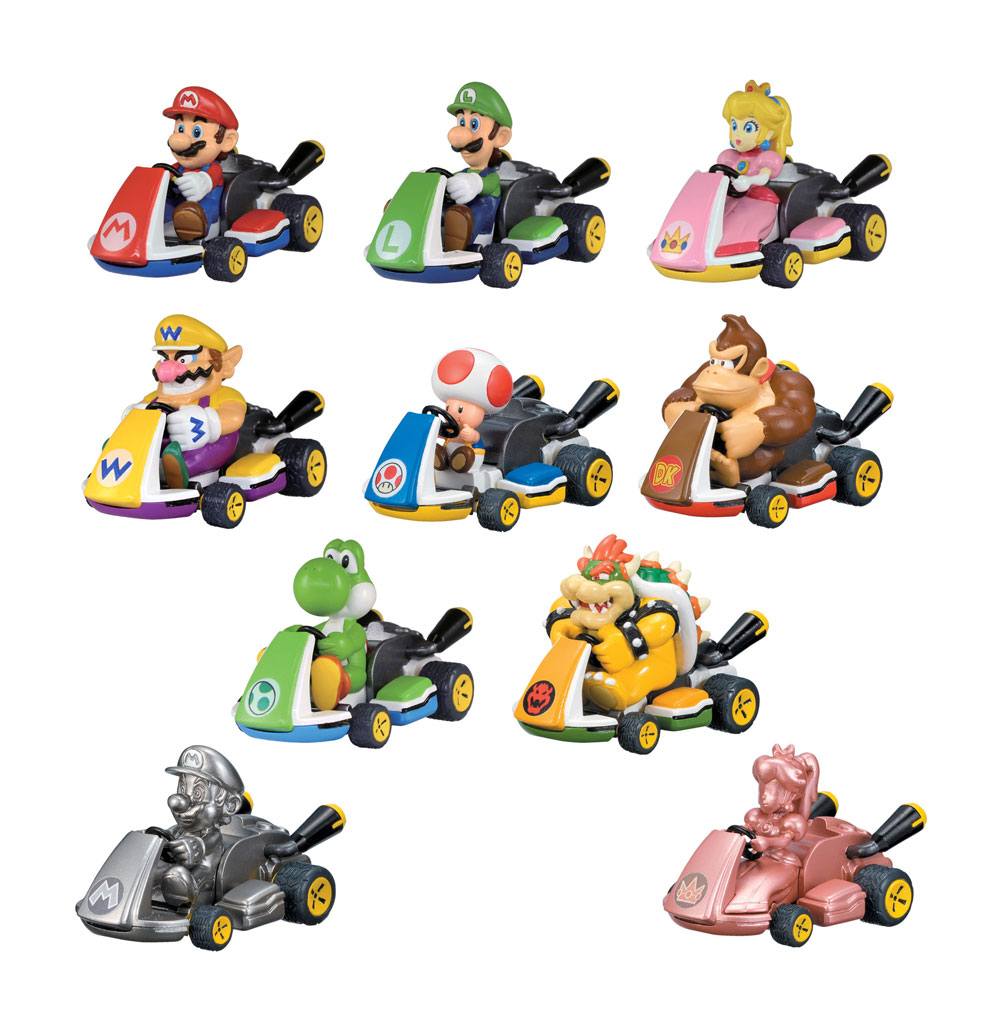 Assorted Mario Kart pull-back cars featuring Mario, Luigi, Peach, Bowser and other racers