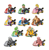 Assorted Mario Kart pull-back cars featuring Mario, Luigi, Peach, Bowser and other racers