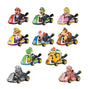 Assorted Mario Kart pull-back cars featuring Mario, Luigi, Peach, Bowser and other racers
