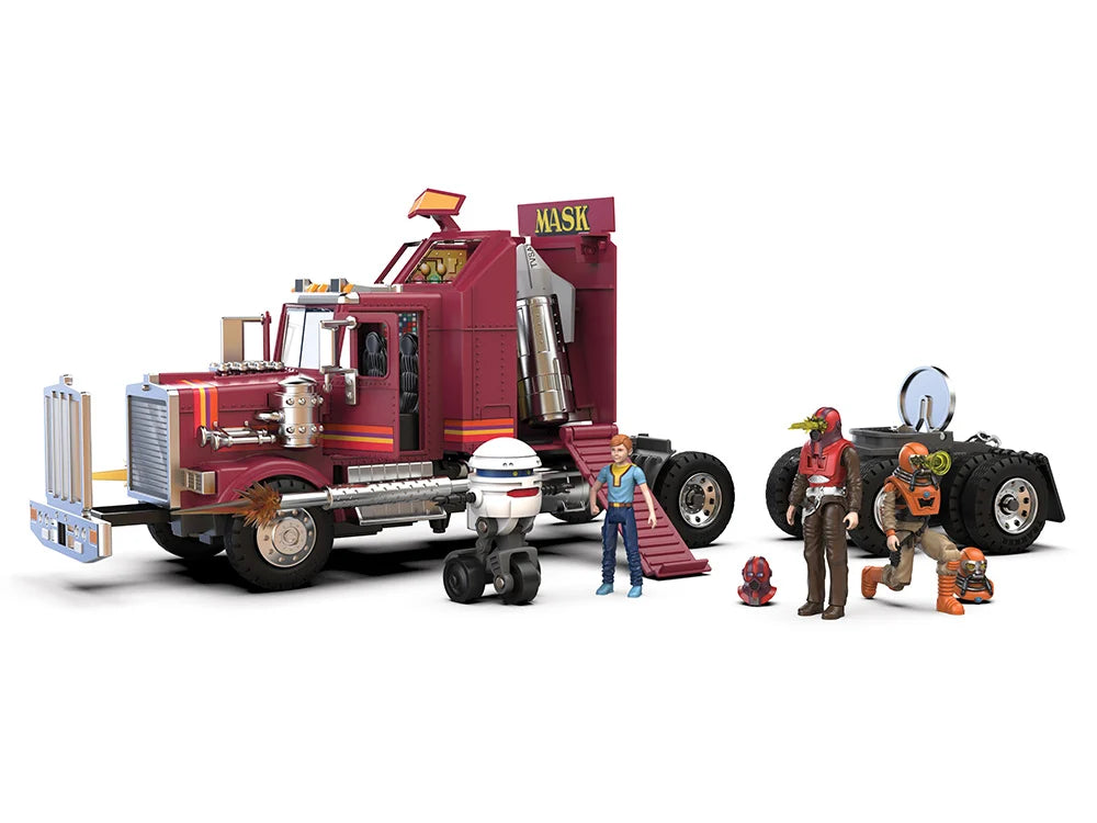 M.A.S.K. Mobile Defense Unit vehicle with Matt Trakker, Bruce Sato, Scott Trakker, T-Bob figures and accessories displayed together