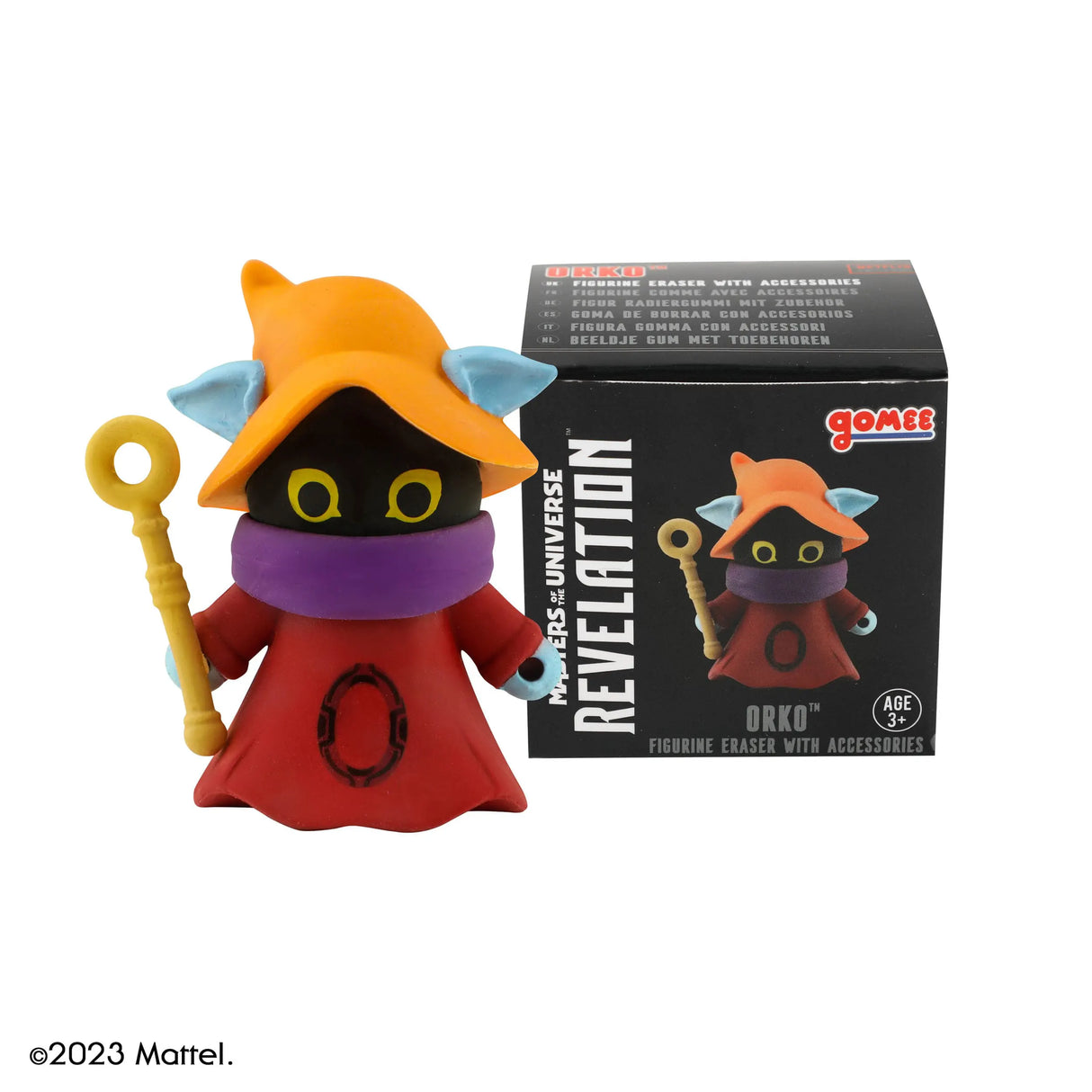 Orko Masters of the Universe Gomee mini figure eraser with staff and box.