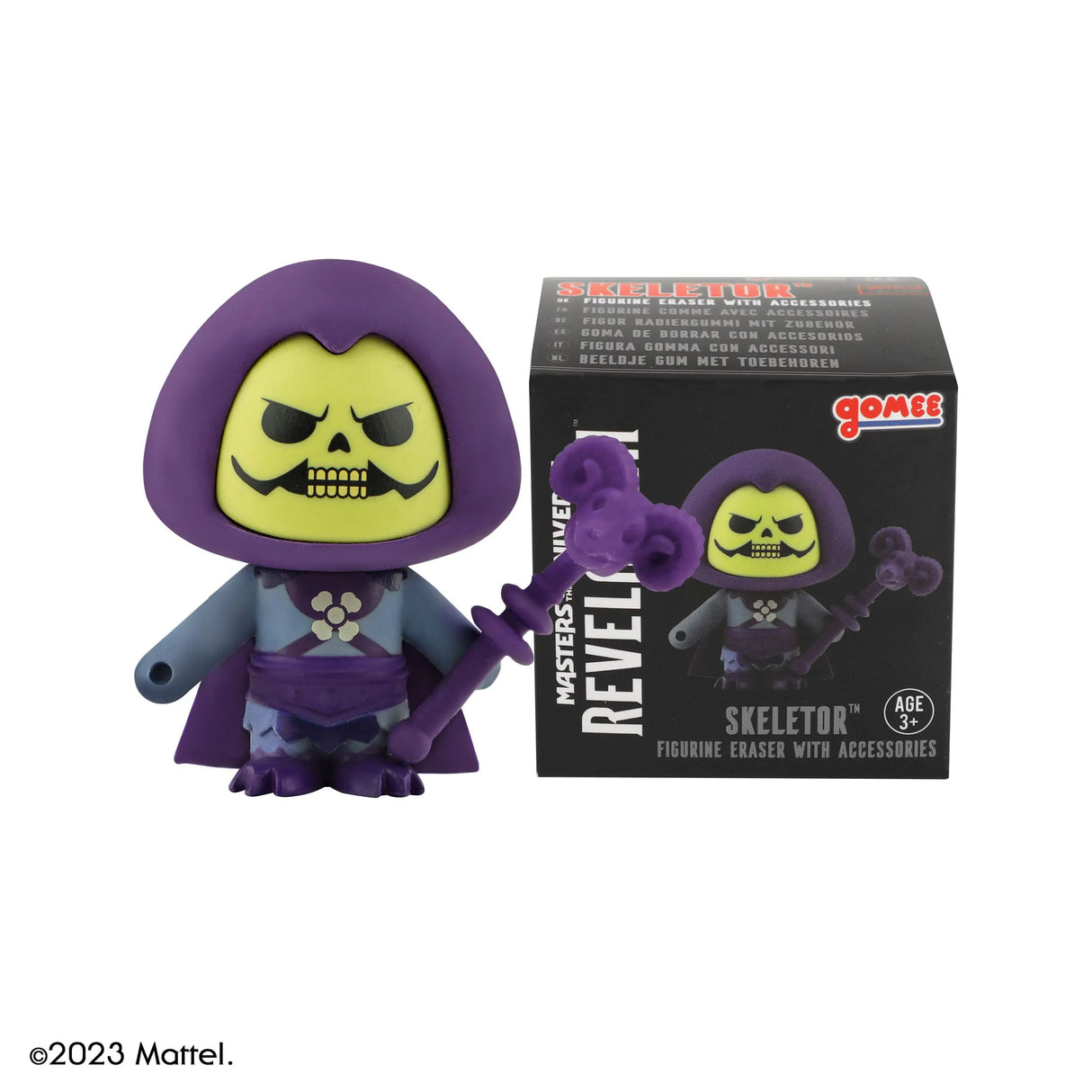 Skeletor Masters of the Universe Gomee mini figure eraser with Havoc Staff and box.