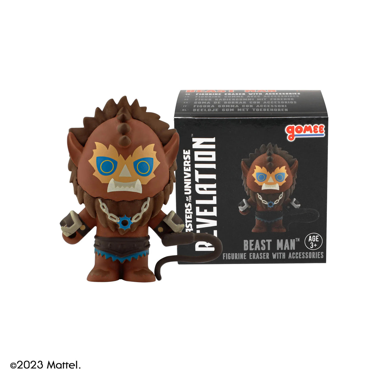 Beast Man Gomee mini figure eraser from Masters of the Universe with packaging.