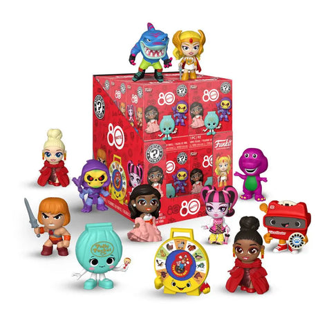 Mattel Retro Toys Mystery Minis blind box display with Funko vinyl characters including He-Man, Skeletor, She-Ra, Barney, and more.