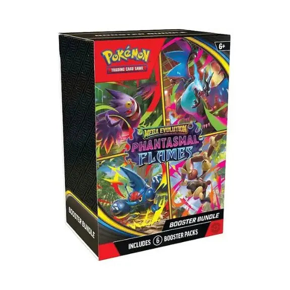 Pokémon TCG Mega Evolution Phantasmal Flames booster bundle box with 6 booster packs