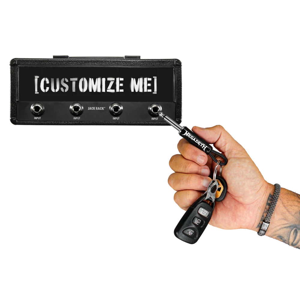 Megadeth guitar plug keychain plugged into Jack Rack holder