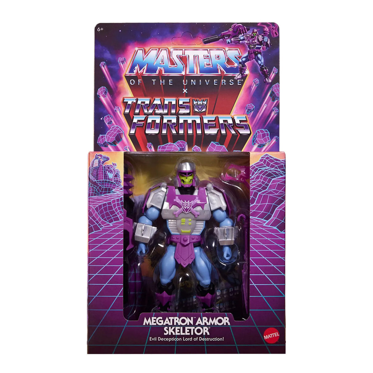 Megatron Armor Skeletor displayed in package with Masters of the Universe x Transformers branding.