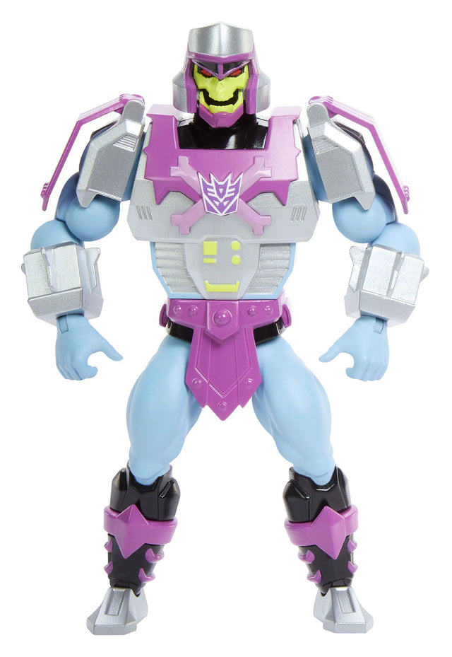 Megatron Armor Skeletor action figure standing with cannon and armor in MOTU x Transformers crossover design.