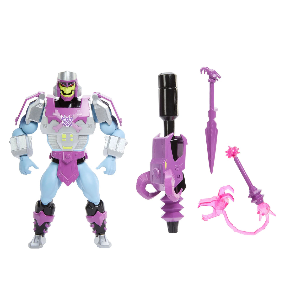 Megatron Armor Skeletor figure with accessories laid out, including cannon, sword, and mace.