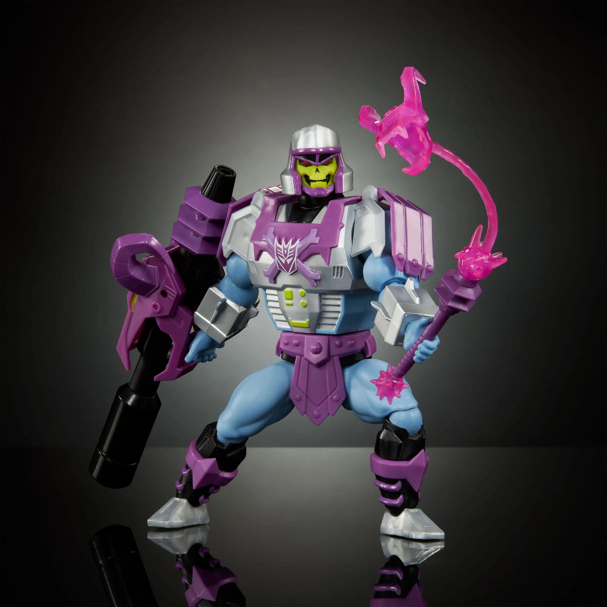 Dynamic action pose of Megatron Armor Skeletor aiming cannon in dramatic lighting.