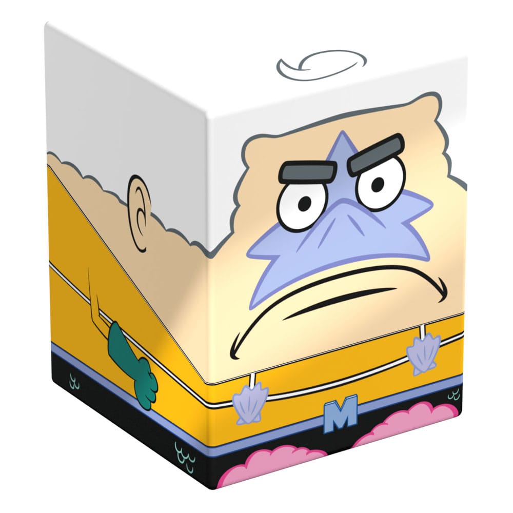 Mermaid Man Squaroes collectible deck box closed, showing yellow suit and white hair design
