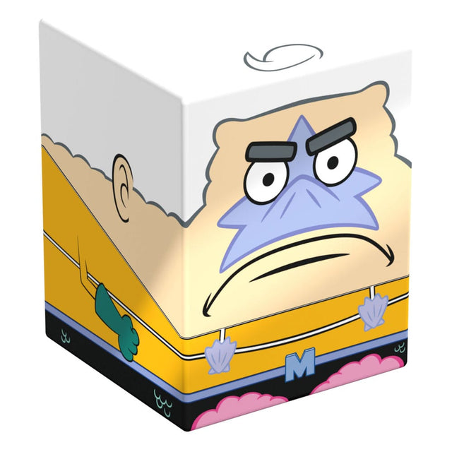 Mermaid Man Squaroes collectible deck box closed, showing yellow suit and white hair design