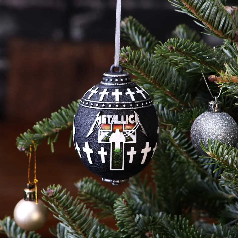 Metallica Master of Puppets ornament hanging on a Christmas tree