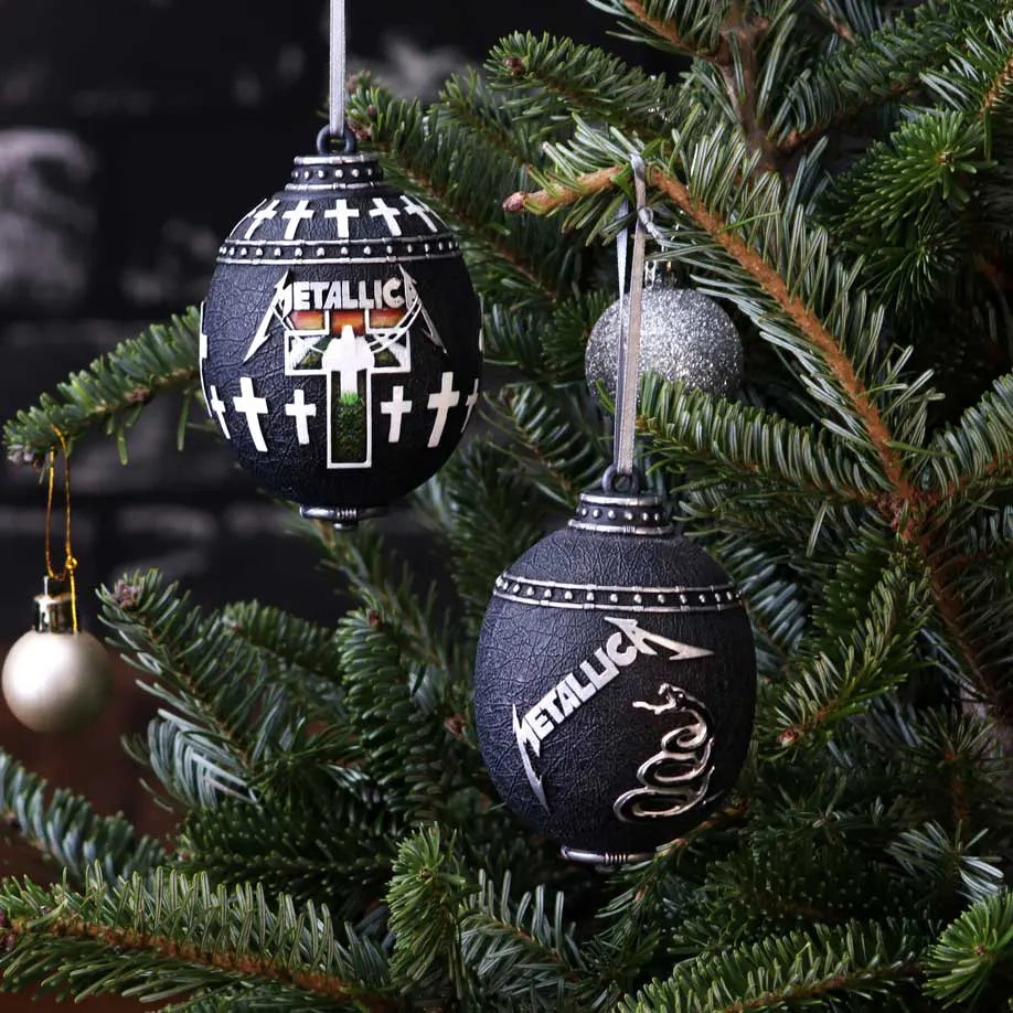 Metallica Master of Puppets and Black Album ornaments displayed together on a Christmas tree