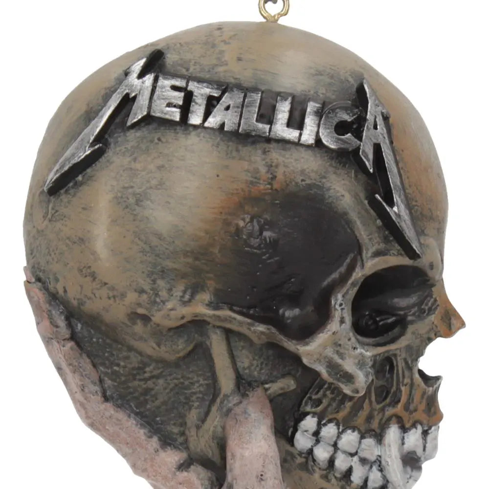 Close-up of the Metallica logo on the Sad But True skull ornament