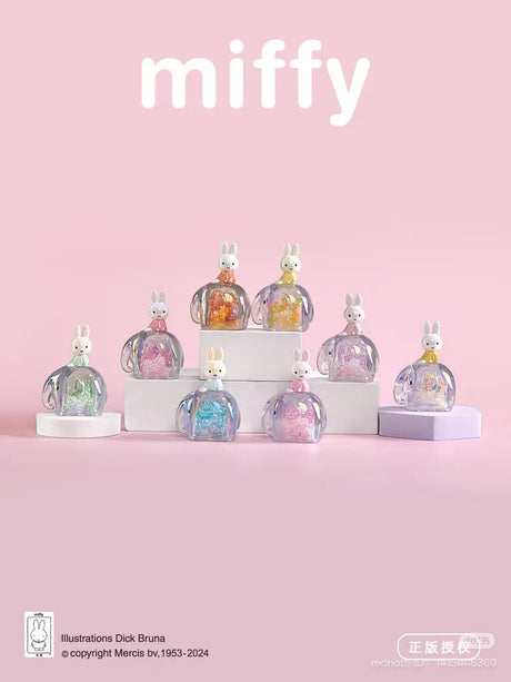 Full lineup of Miffy Elephant Series Blind Box collectible figures featuring pastel-colored translucent elephant companions