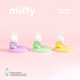 Three Miffy Pearlescence Phone Stand collectibles featuring purple, green and yellow pastel colorways