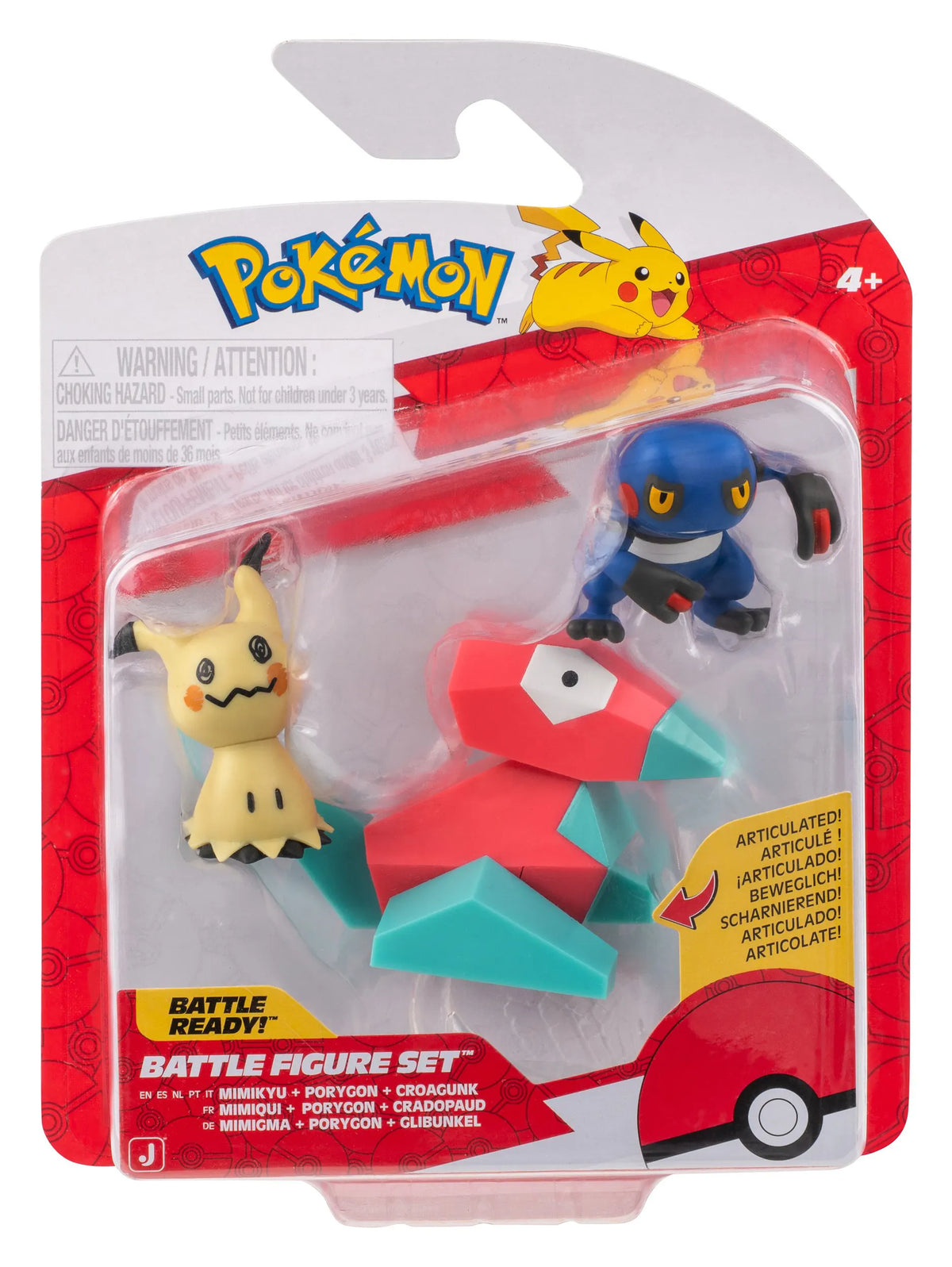 Mimikyu, Porygon and Croagunk Pokémon Battle Figure Pack in packaging