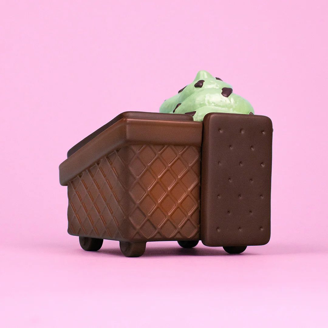 Detailed angled shot of mint chip ice cream texture on Dumpster Fire figure.
