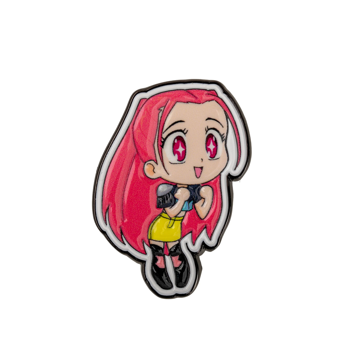 Mira pin front view with pink hair and chibi design