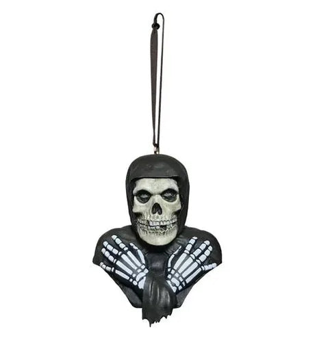 Misfits Fiend Hanging Tree Ornament by Trick or Treat Studios featuring hooded skull and crossed skeletal hands, front view