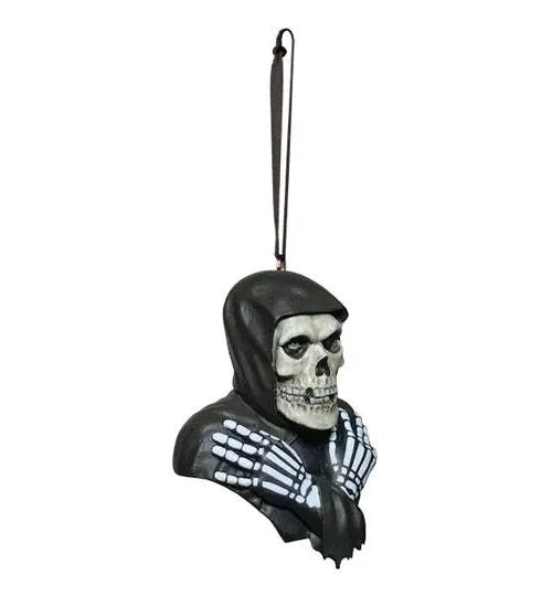 Misfits Fiend resin Christmas ornament with black hood and detailed skull, right-side view
