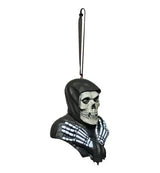 Misfits Fiend resin Christmas ornament with black hood and detailed skull, right-side view