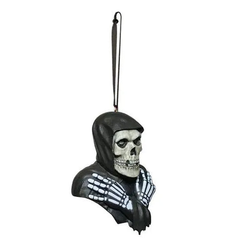 Misfits Fiend resin Christmas ornament with black hood and detailed skull, right-side view