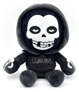 Front view of the official Youtooz Misfits Plush Figure with black hood, embroidered Misfits logo, and iconic Fiend skull face.