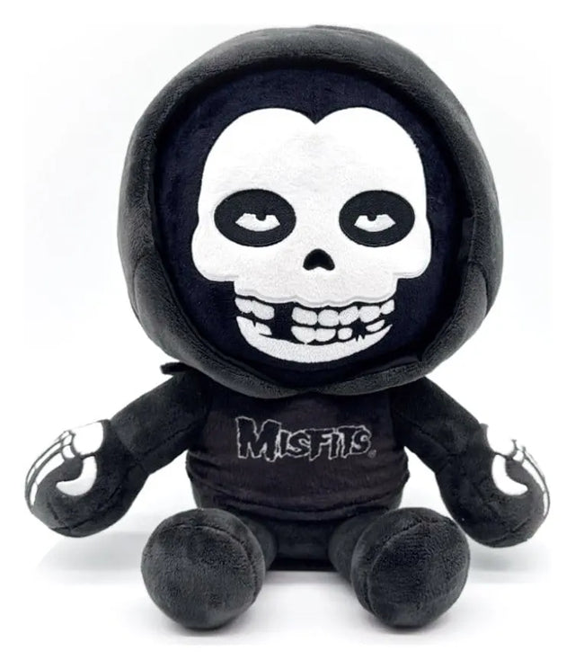 Front view of the official Youtooz Misfits Plush Figure with black hood, embroidered Misfits logo, and iconic Fiend skull face.