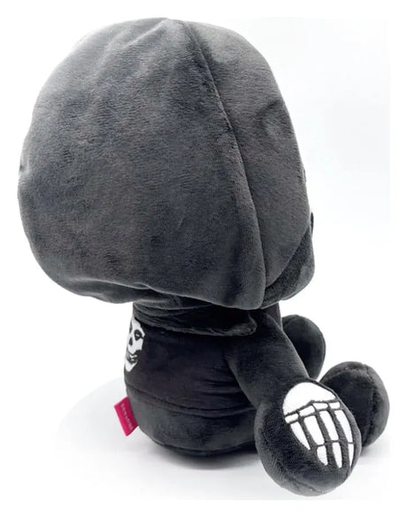 Left side view of the Youtooz Misfits Plush showing the oversized hood, skeletal hand, and soft black fabric.