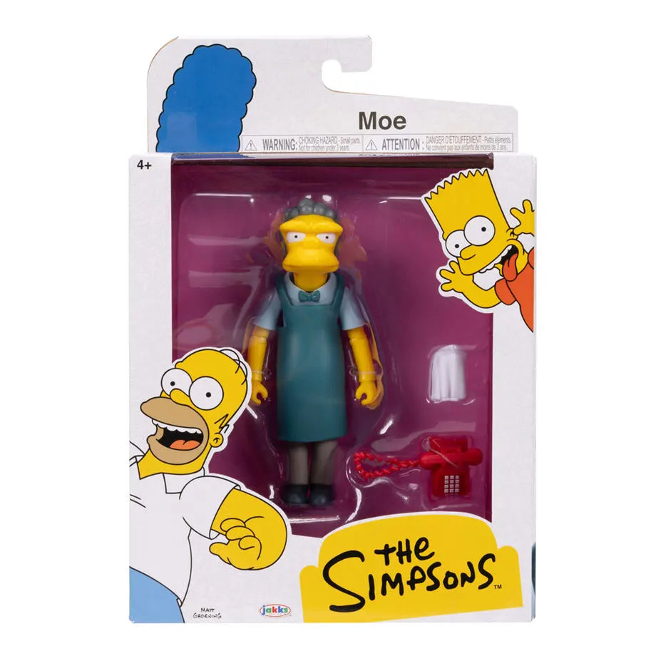 Packaged Moe Szyslak figure by Jakks Pacific with accessories inside The Simpsons themed box