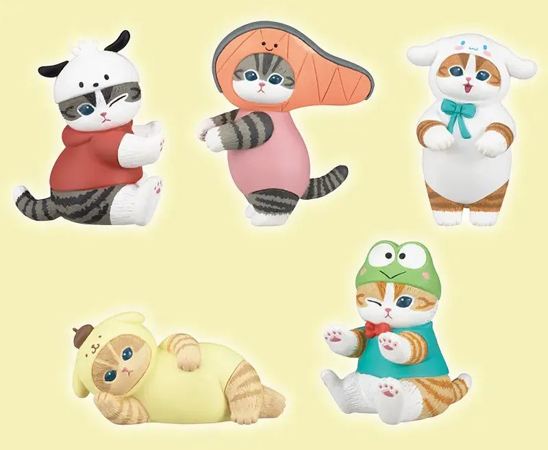 Complete collection of Mofusand X Sanrio Characters Series 3 Gacha cat figures in themed costumes