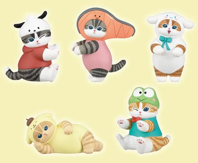 Complete collection of Mofusand X Sanrio Characters Series 3 Gacha cat figures in themed costumes