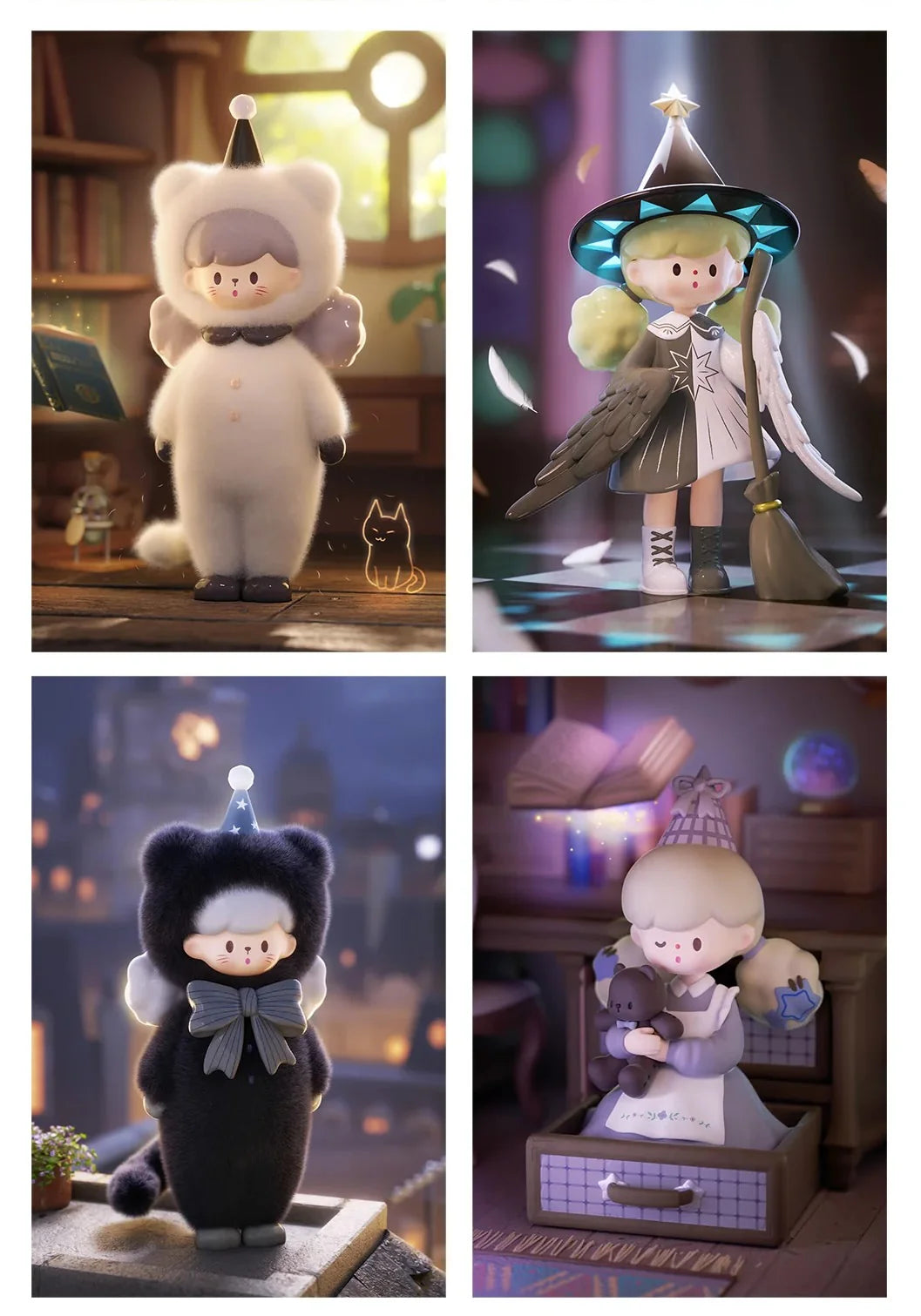 Molinta Chasing Light collection showcasing White Cat, Wings, Black Cat, and Drawer designer figures