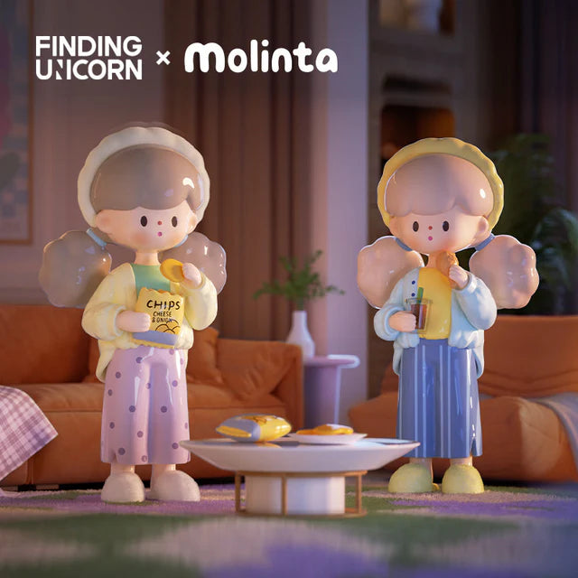 Molinta movie night figures enjoying snacks in a cozy living room
