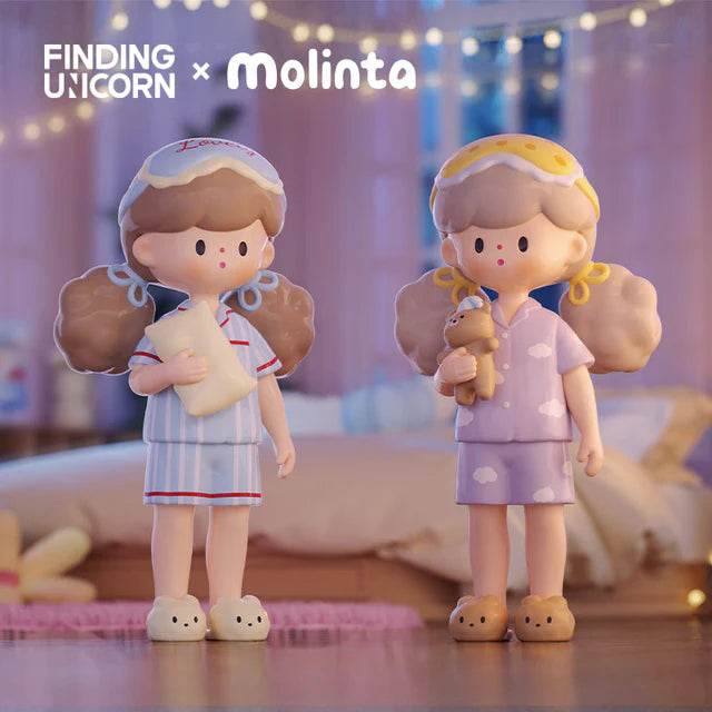 Molinta pajama party figures relaxing with pillows and plush toys during bedtime