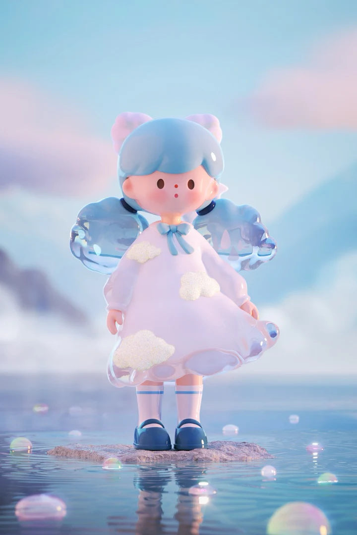 Molinta Natural Series cloud-themed figure wearing a pastel crystal-inspired dress above reflective water