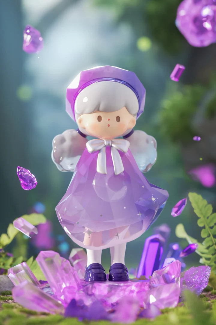 Molinta Natural Series amethyst-inspired figure standing among vibrant purple crystal formations