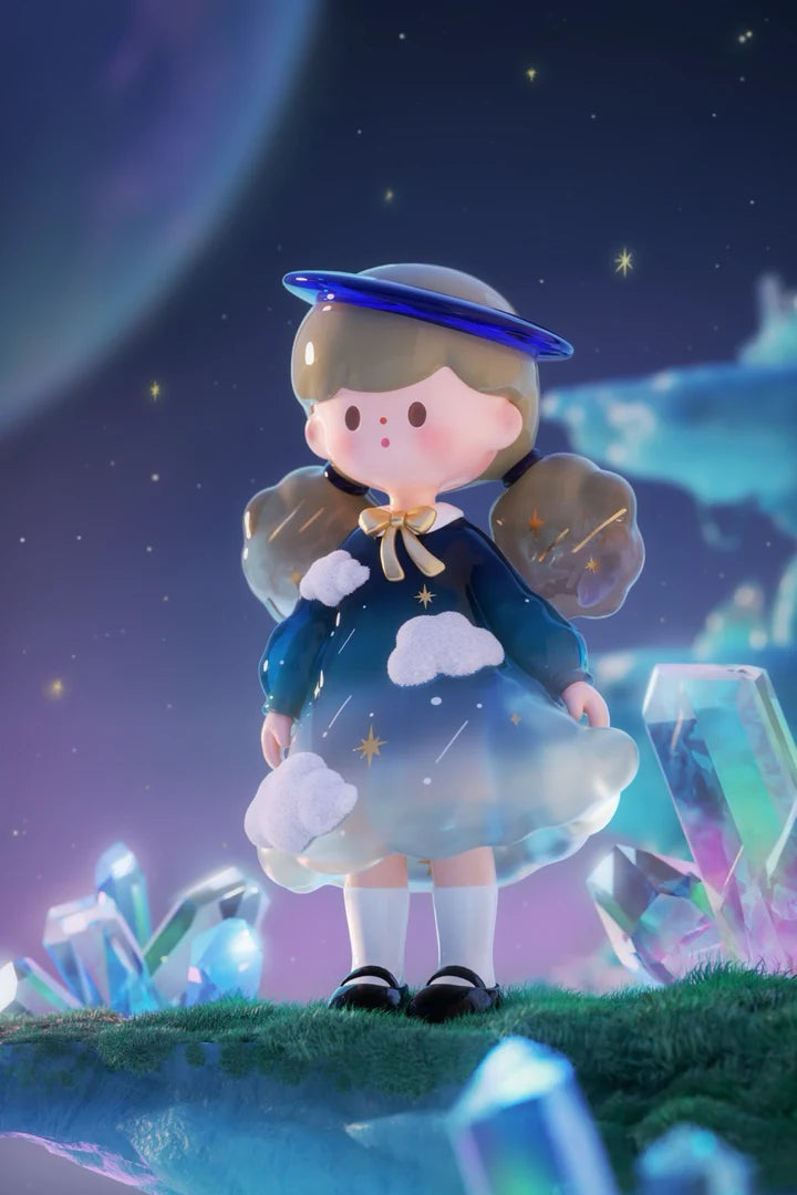 Molinta Natural Series celestial figure with starry dress and cosmic halo in a crystal landscape