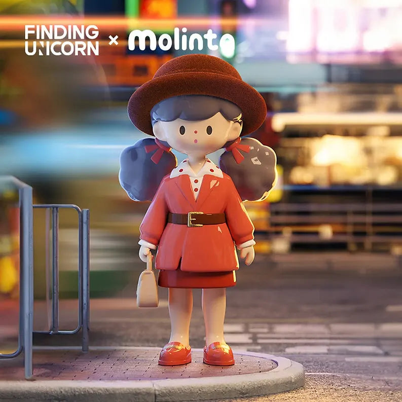 Molinta Retro Girl vinyl figure in a red coat dress with matching wide-brim hat and handbag.