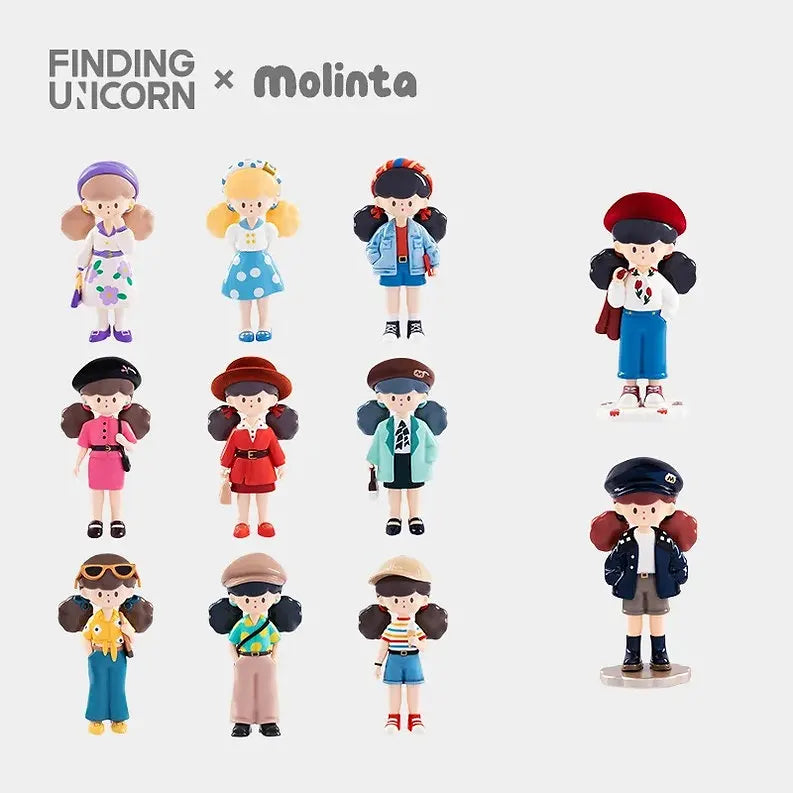 Complete lineup of Molinta Retro Girls Series vinyl figures showing all 9 designs in different retro outfits.
