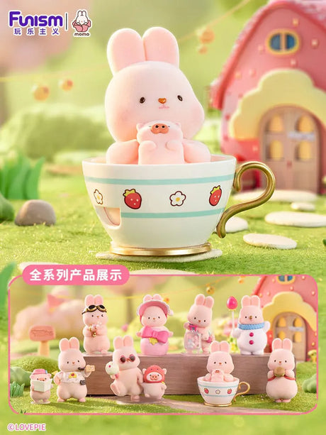 Display of all Momo Bunny Strawberry Town blind box figures.