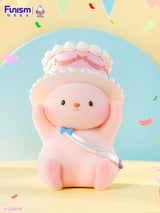 Momo Bunny Strawberry Town figure with party hat and cake.