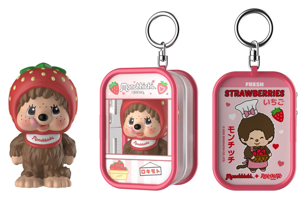 Monchhichi Keychain Pouch Blind Box featuring a strawberry-themed Monchhichi figure with matching pink zippered keychain pouch.
