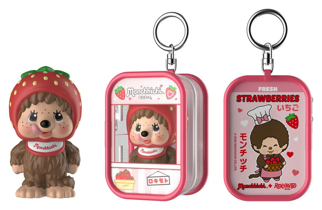 Monchhichi Keychain Pouch Blind Box featuring a strawberry-themed Monchhichi figure with matching pink zippered keychain pouch.